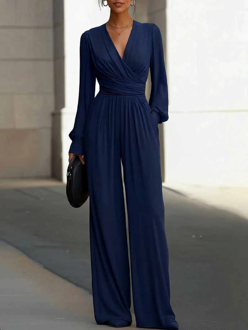 Katharina | Damen Wickel Jumpsuit Langarm Weites Bein V-Ausschnitt