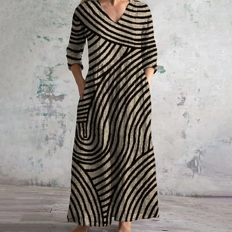 Katharina | Plus Size Maxi Kleid V-Ausschnitt gestreift Vintage