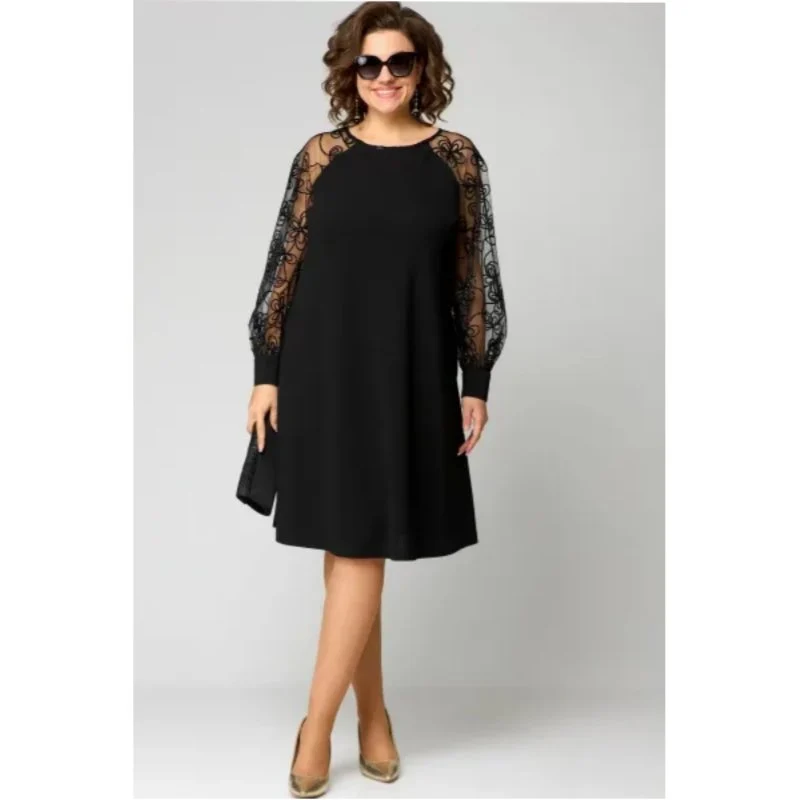 Leonie | Plus Size Spitzenkleid Langarm Elegantes Schwarzes Kleid