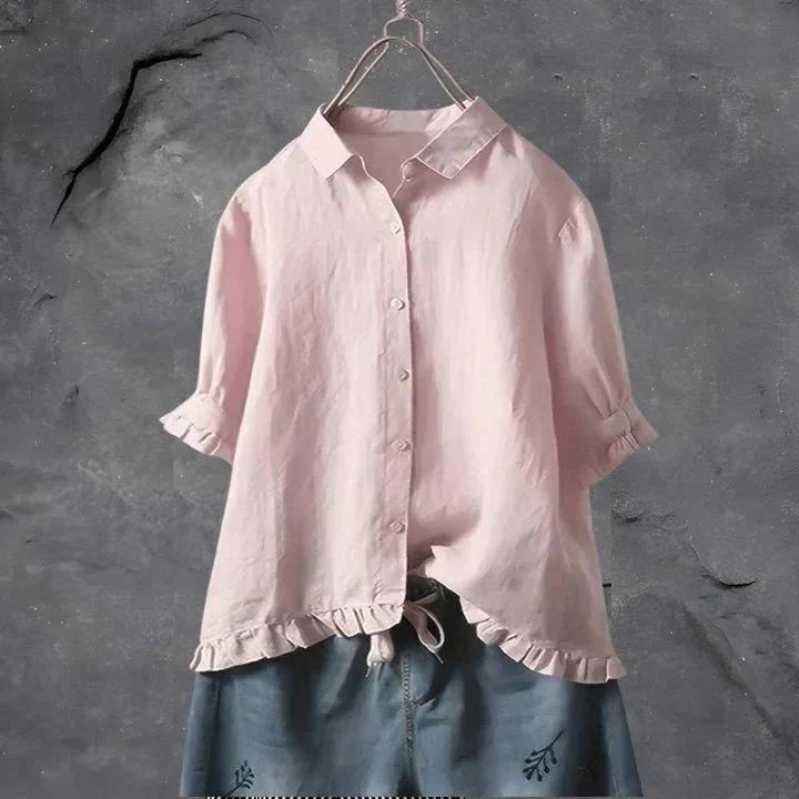 Charlotte | Damen Leinen Bluse Rüschen Ärmel Button-Down Locker