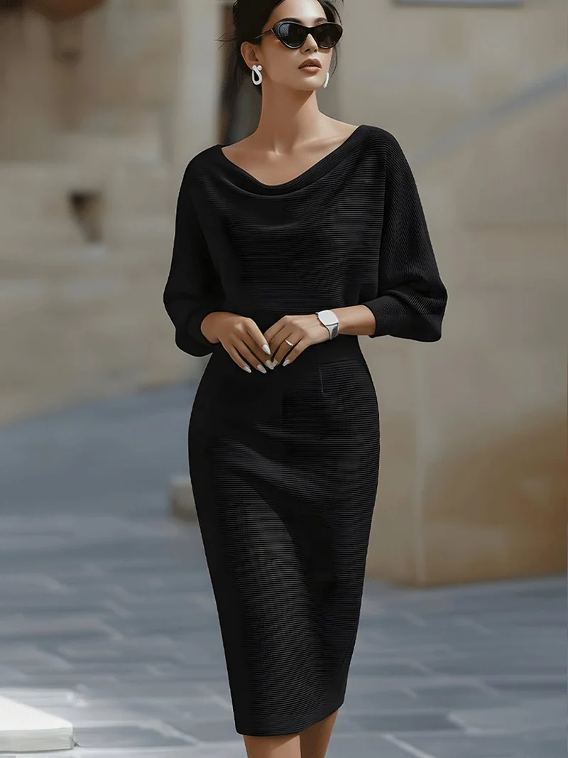 Marlene | Midi Kleid Satin Wasserfallausschnitt Fledermausärmel