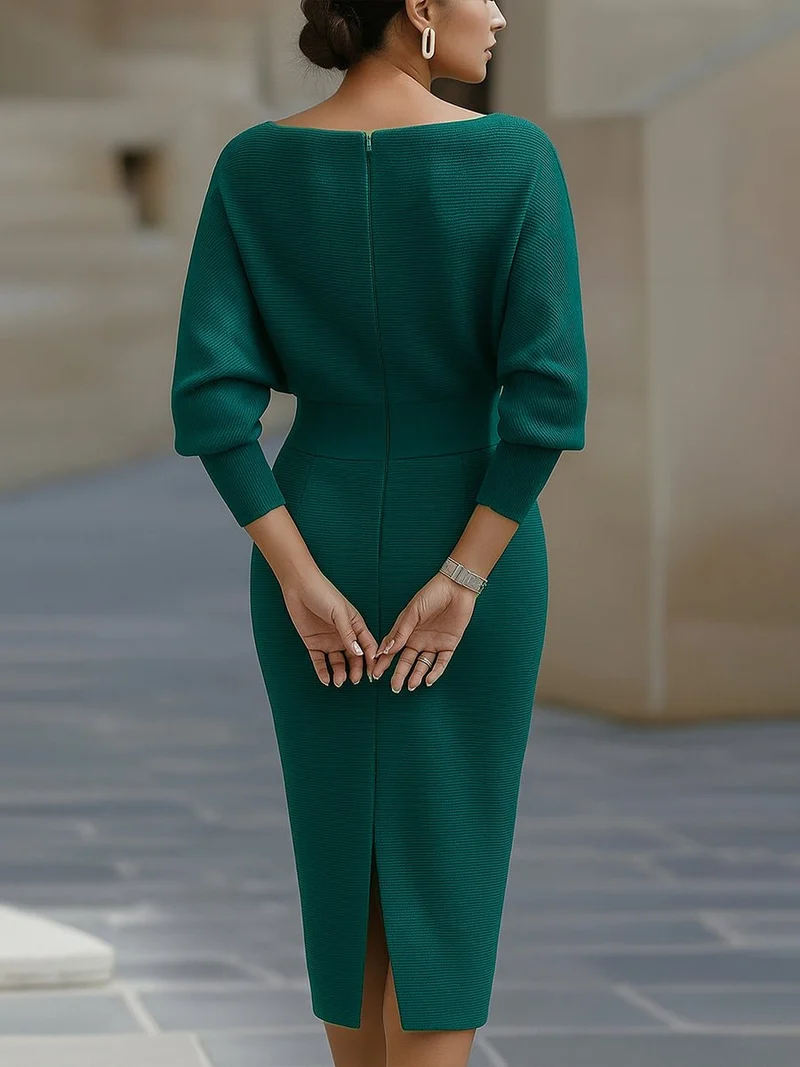 Marlene | Midi Kleid Satin Wasserfallausschnitt Fledermausärmel