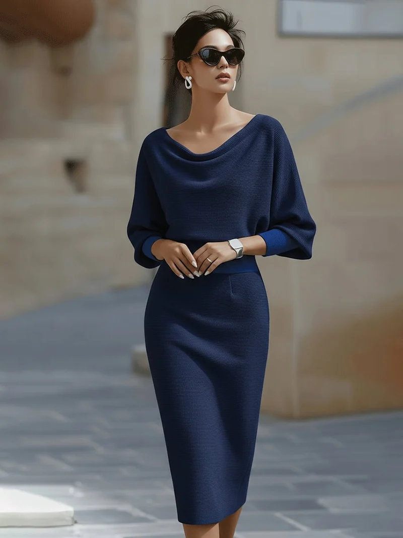 Marlene | Midi Kleid Satin Wasserfallausschnitt Fledermausärmel
