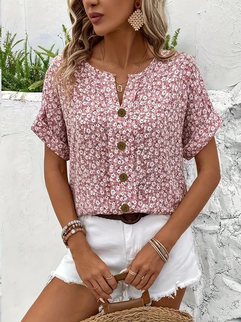 Katharina | Damen Bluse Baumwolle Blumenmuster Kurzarm Knopfleiste
