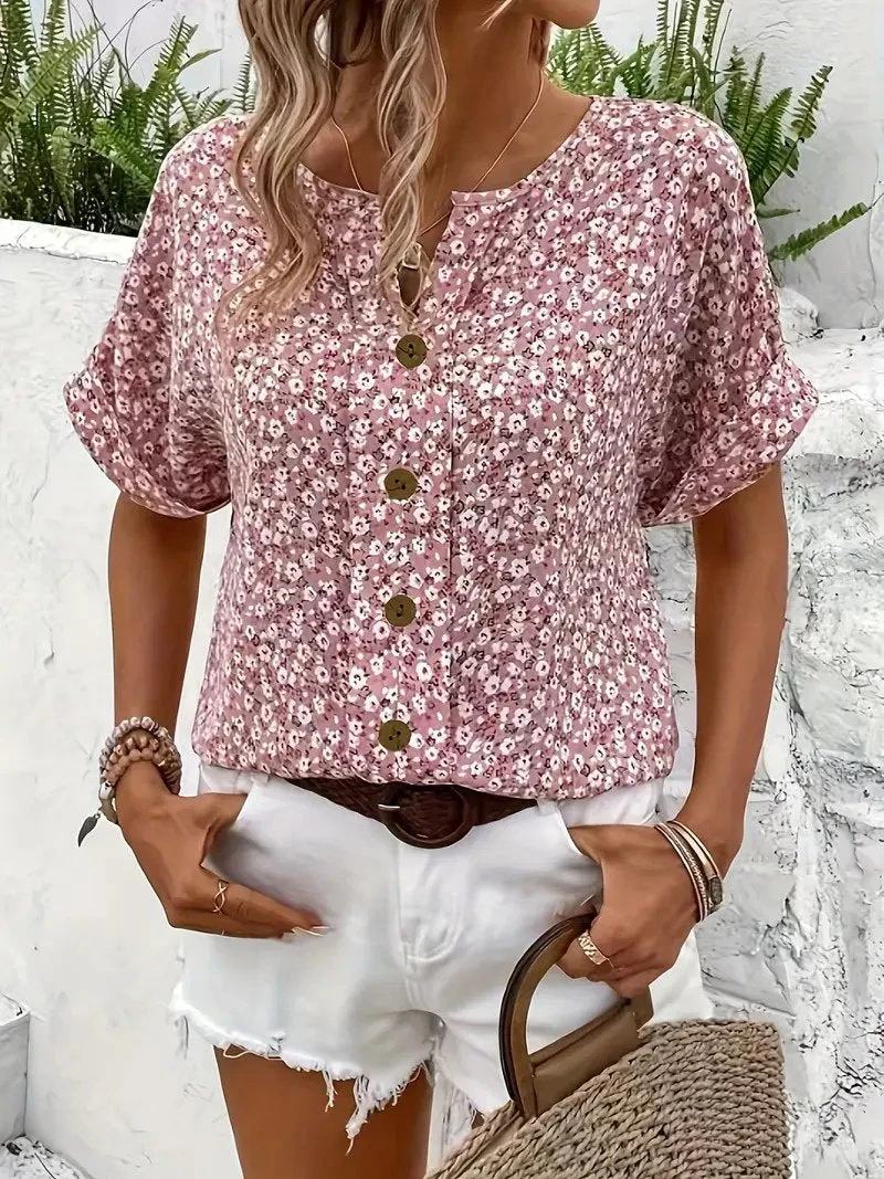 Katharina | Damen Bluse Baumwolle Blumenmuster Kurzarm Knopfleiste