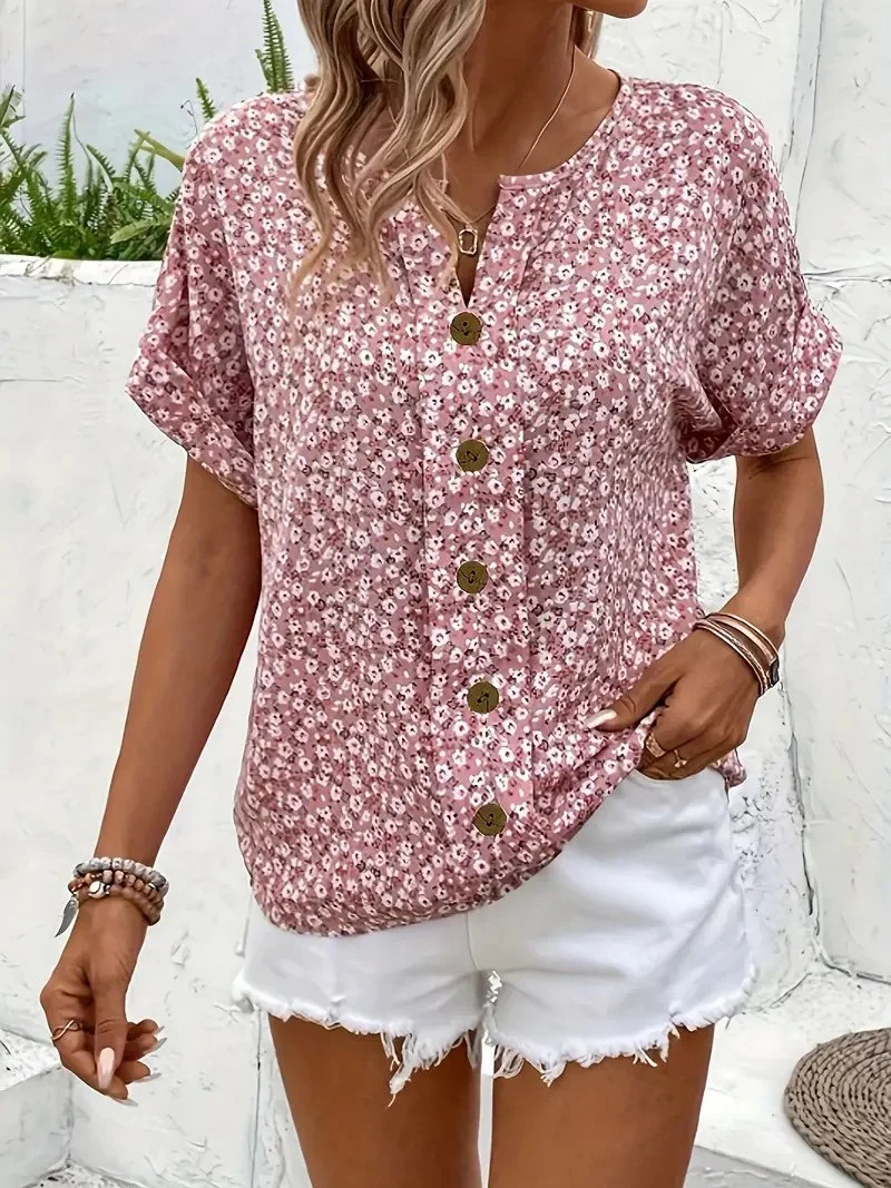 Katharina | Damen Bluse Baumwolle Blumenmuster Kurzarm Knopfleiste