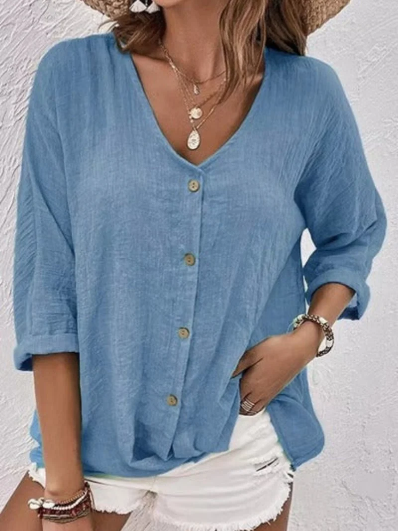 Emilia | Damen Bluse V-Ausschnitt Dreiviertelarm Baumwolle