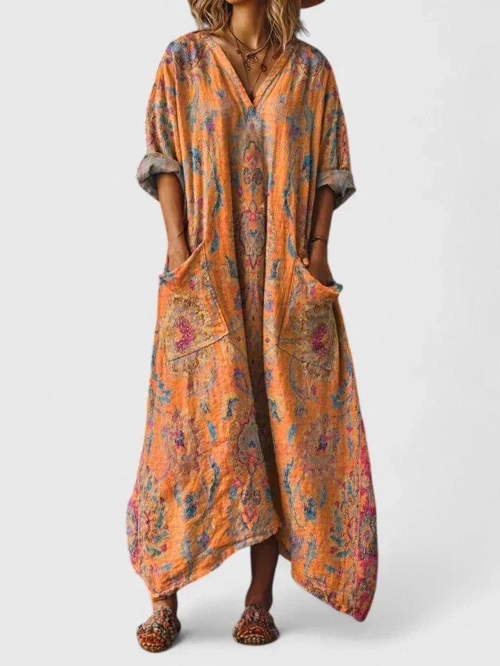 Charlotte | Maxikleid Boho Print Baumwolle Taschen V-Ausschnitt
