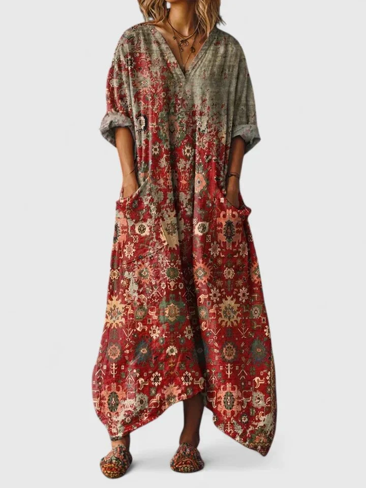 Charlotte | Maxikleid Boho Print Baumwolle Taschen V-Ausschnitt