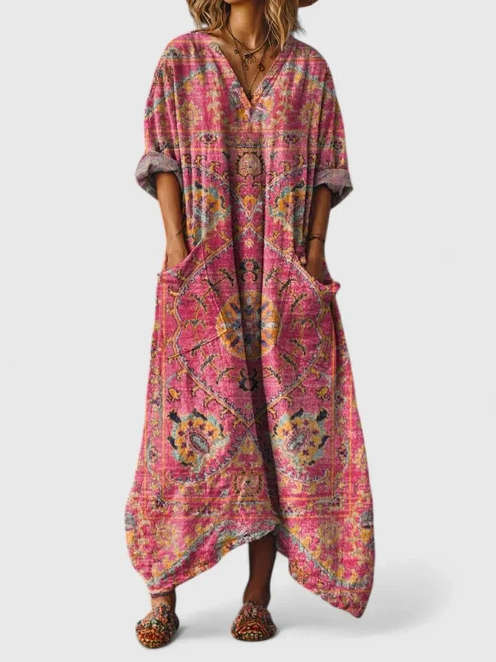 Charlotte | Maxikleid Boho Print Baumwolle Taschen V-Ausschnitt