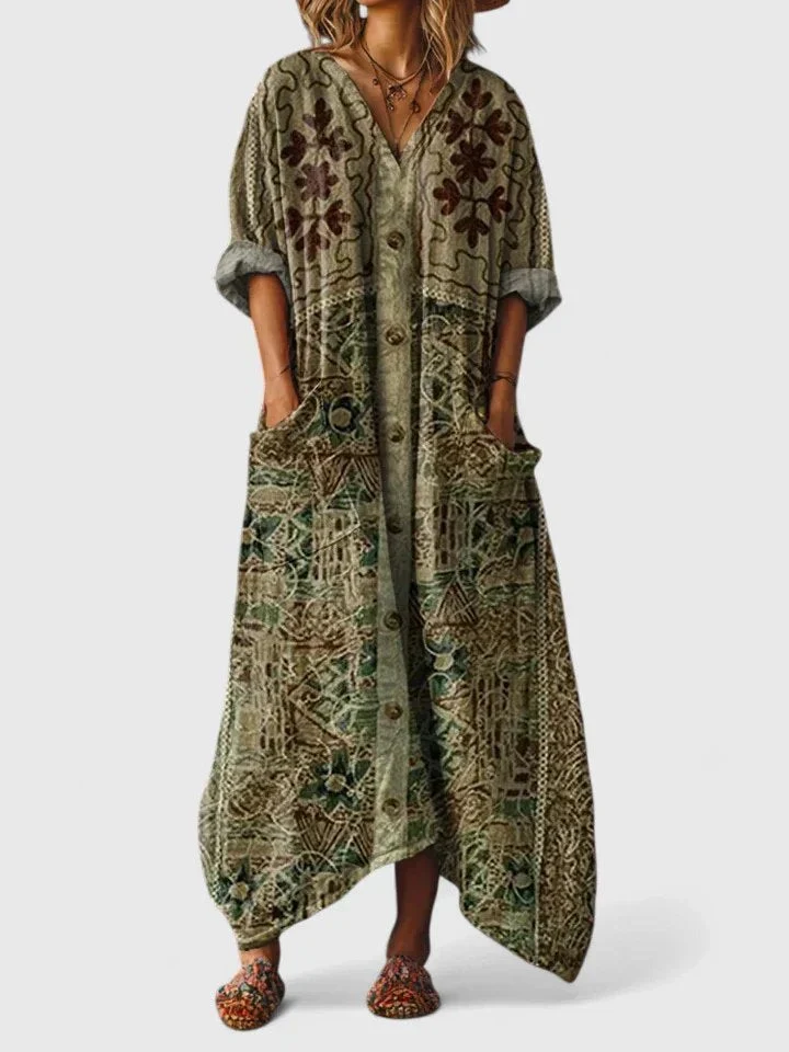 Charlotte | Maxikleid Boho Print Baumwolle Taschen V-Ausschnitt