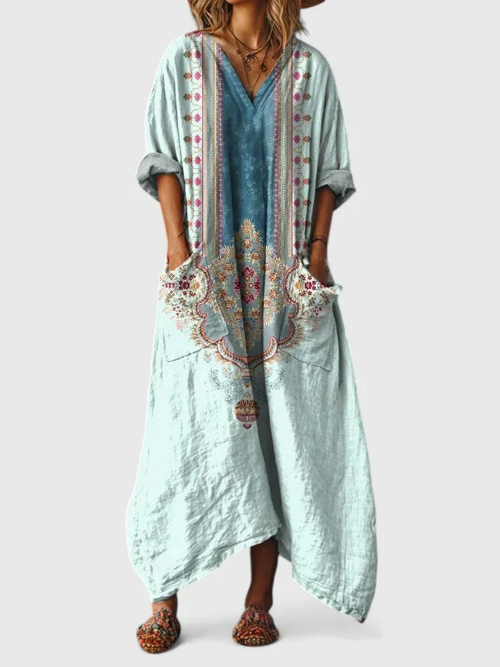 Charlotte | Maxikleid Boho Print Baumwolle Taschen V-Ausschnitt