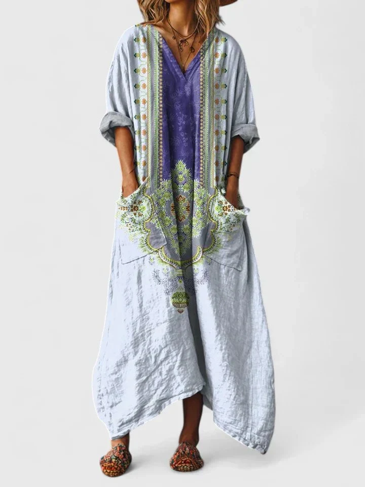 Charlotte | Maxikleid Boho Print Baumwolle Taschen V-Ausschnitt