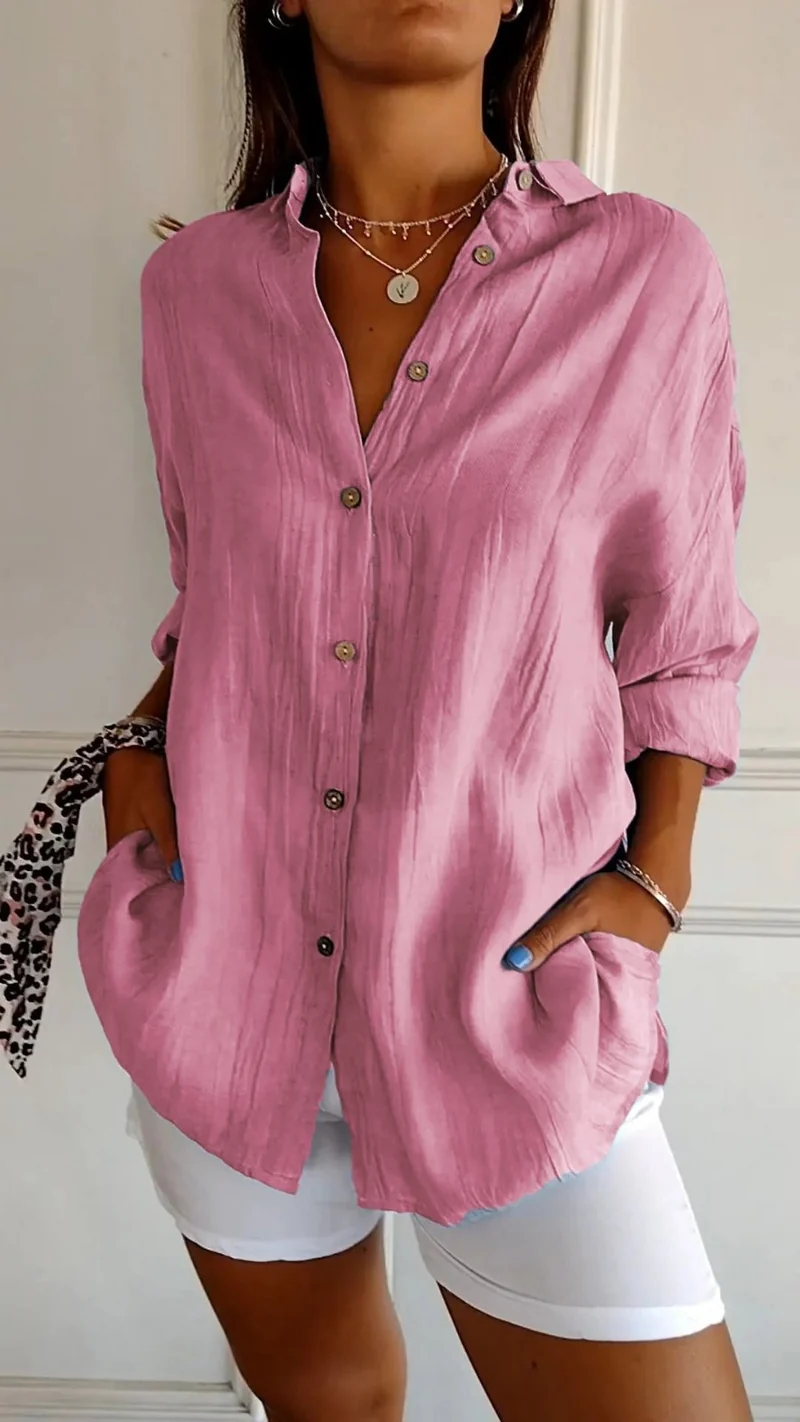 Nora | Damen Leinenbluse Oversized Button-Down Kragen Langarm