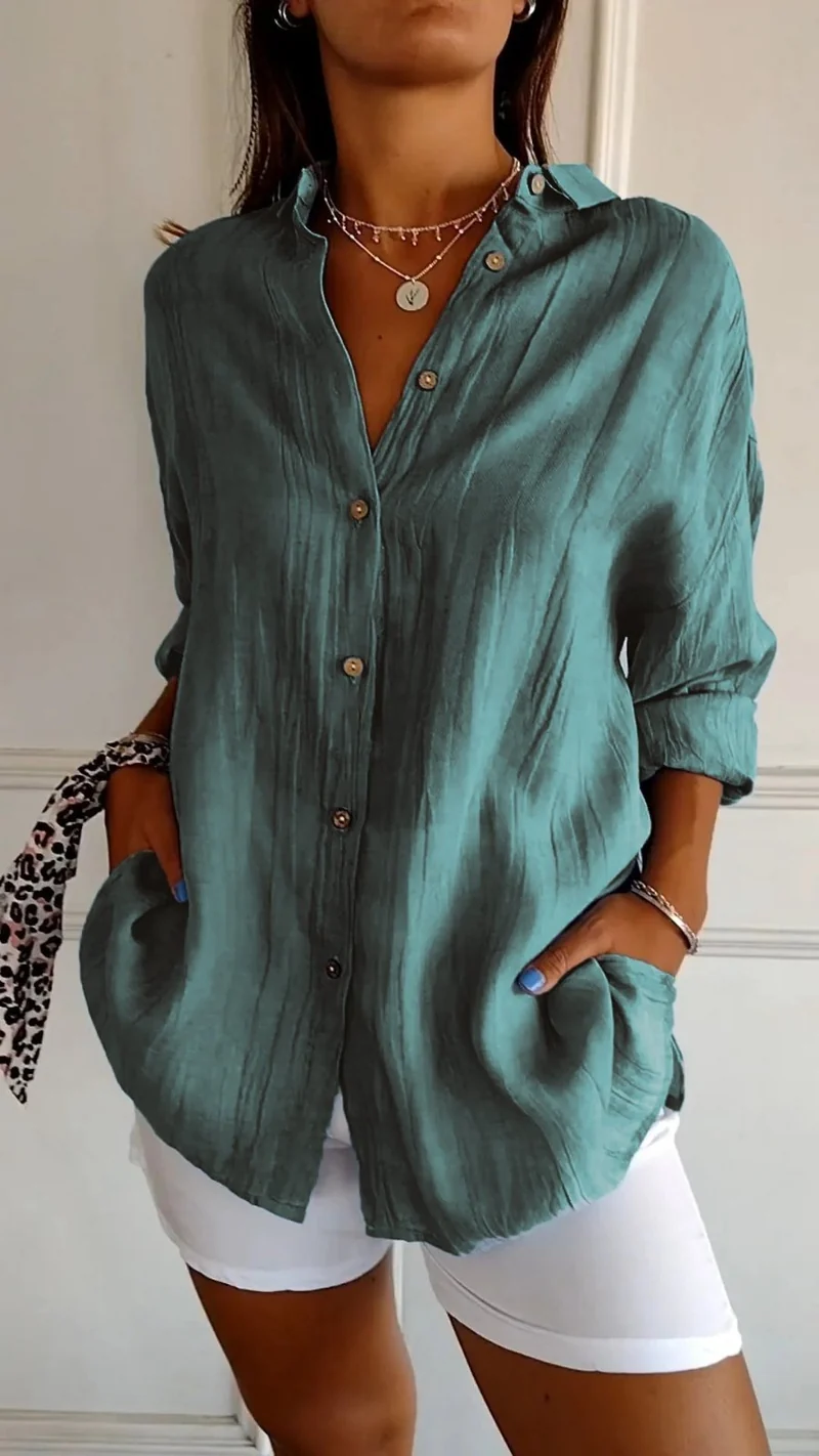 Nora | Damen Leinenbluse Oversized Button-Down Kragen Langarm
