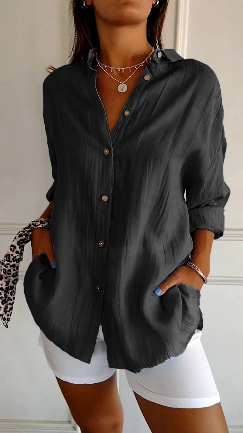Nora | Damen Leinenbluse Oversized Button-Down Kragen Langarm