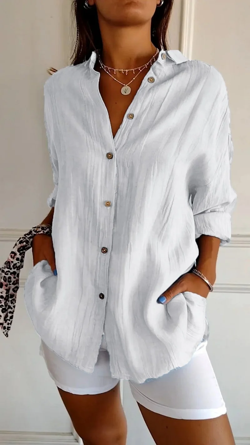 Nora | Damen Leinenbluse Oversized Button-Down Kragen Langarm