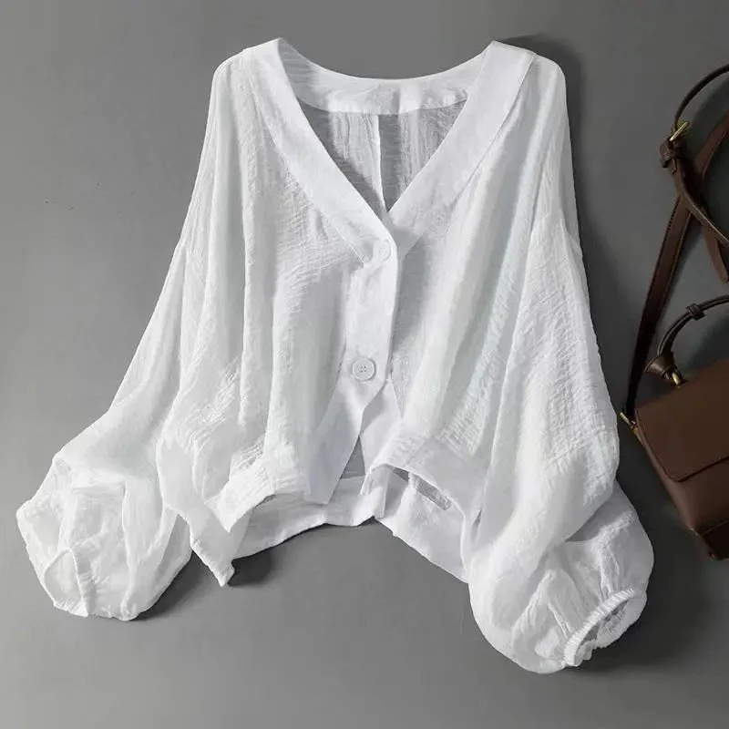 Greta | Leinen Bluse Langarm Oversized V-Ausschnitt Sommer
