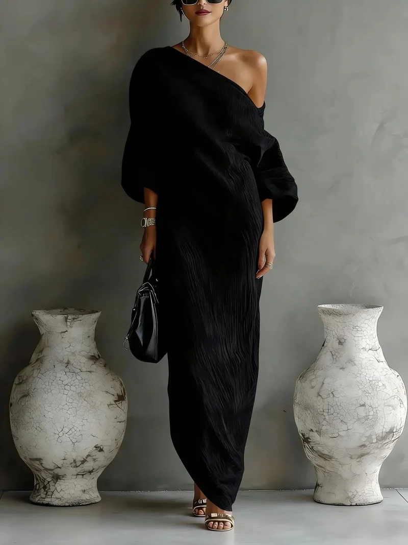 Greta | One-Shoulder Leinenkleid Asymmetrisch Locker Damen Maxikleid
