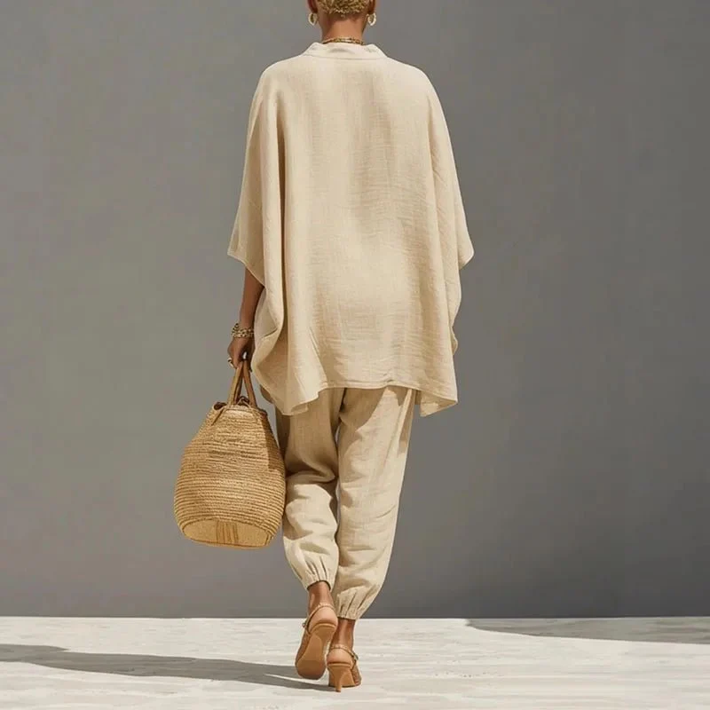 Marlene | Linen Set Damen Fledermaus Top Tapered Hose V-Ausschnitt