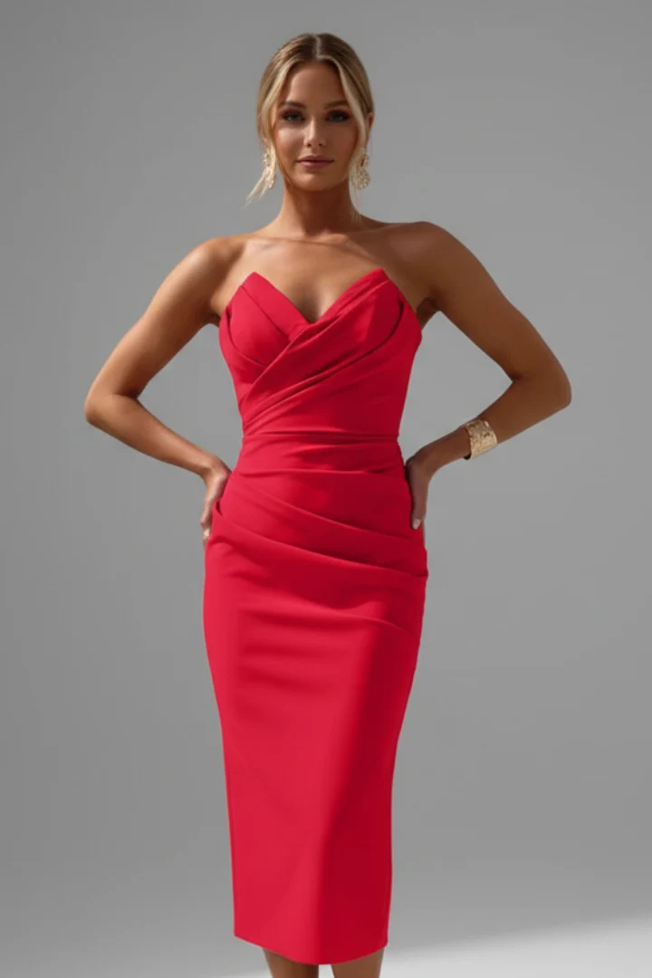 Damen Strapless Wrap-Front Midi Kleid