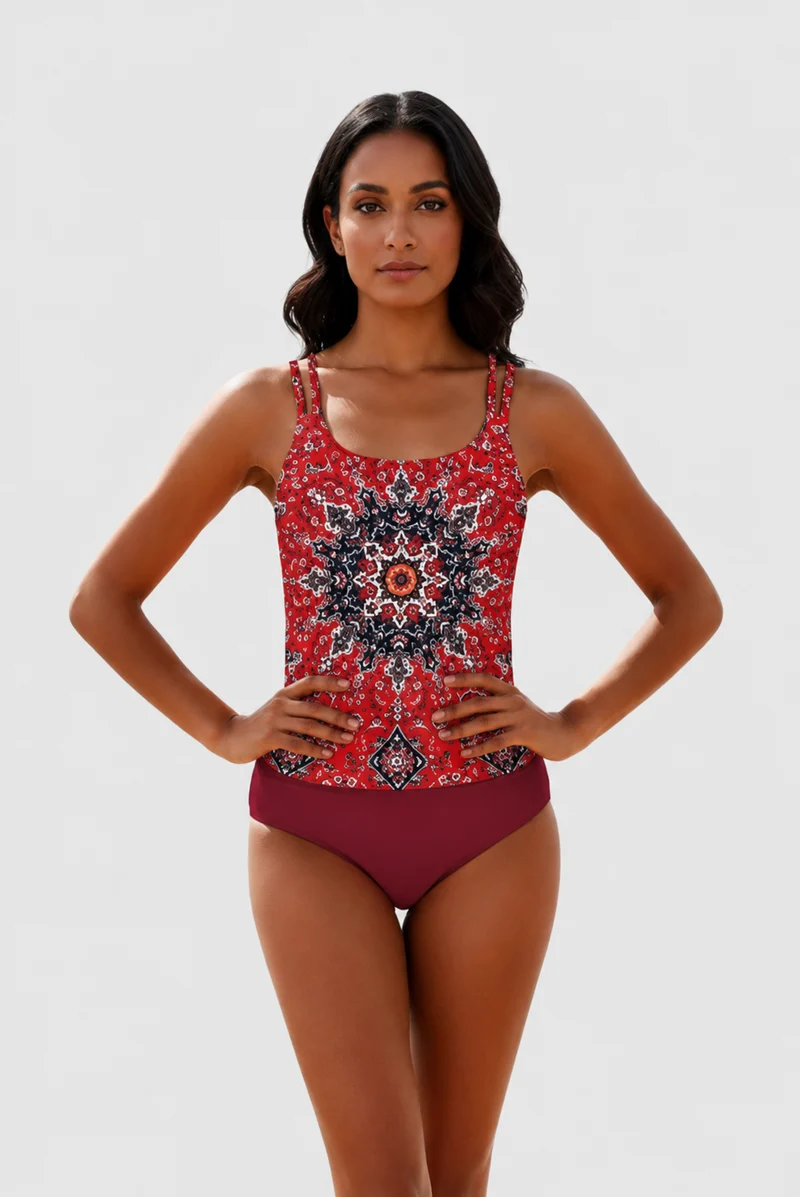 Damen Tankini Set mit gemustertem Oberteil und Bikinihose