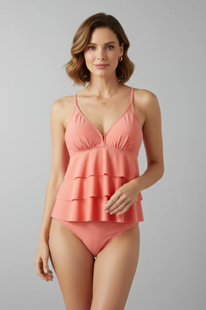 Damen Tankini Set mit V-Ausschnitt und gestufter Frontpartie