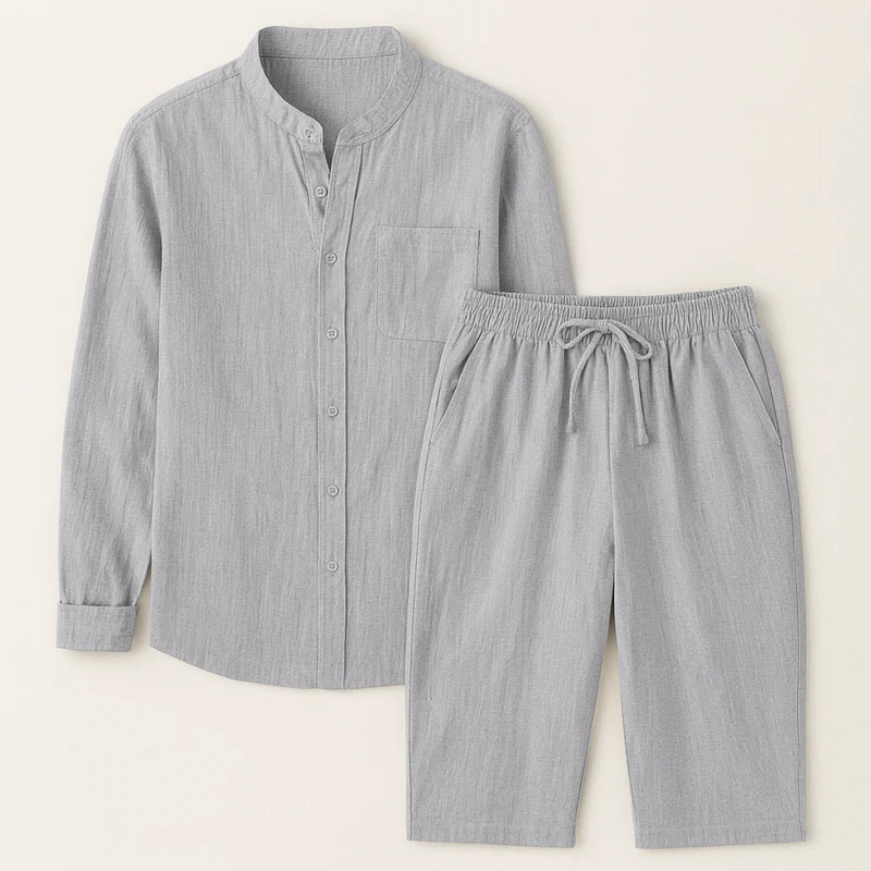 Herren Set mit Hemd mit Stehkragen und Shorts mit Kordelbund