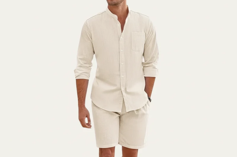 Herren Set mit Hemd mit Stehkragen und Shorts mit Kordelbund