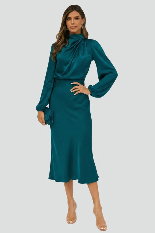 Damen Midikleid mit Stehkragen und langen Ärmeln