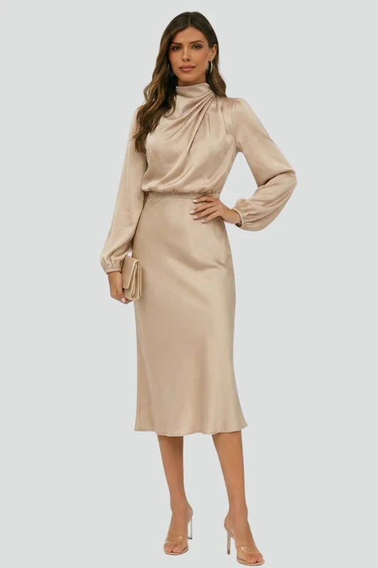 Damen Midikleid mit Stehkragen und langen Ärmeln