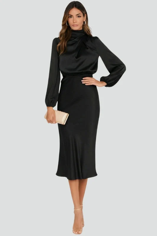 Damen Midikleid mit Stehkragen und langen Ärmeln