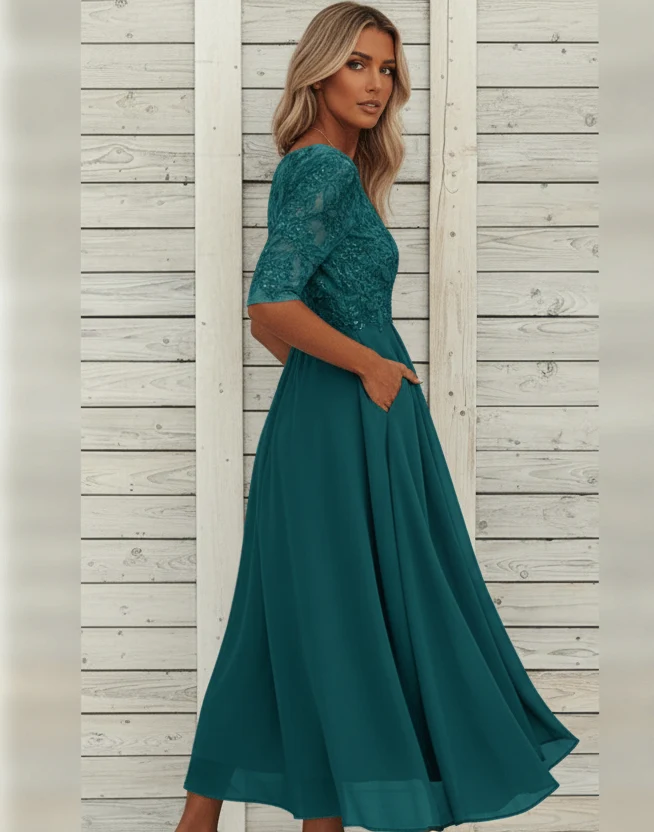 Damen MidiKleid mit Spitzenoberteil und ausgestelltem Rock