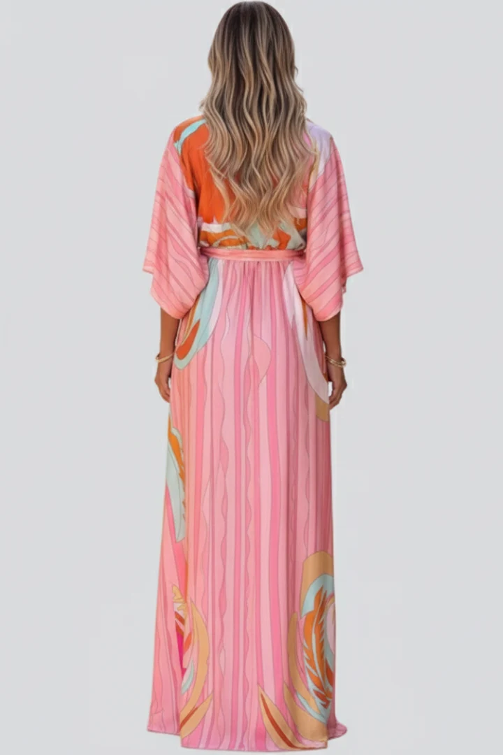 Damen Maxikleid mit V-Ausschnitt, weiten Ärmeln und Taillenband