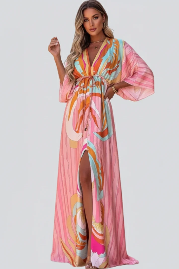 Damen Maxikleid mit V-Ausschnitt, weiten Ärmeln und Taillenband