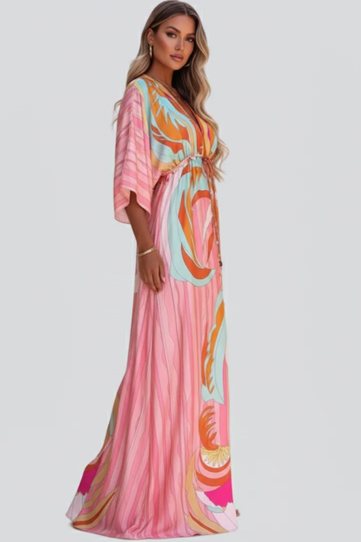 Damen Maxikleid mit V-Ausschnitt, weiten Ärmeln und Taillenband