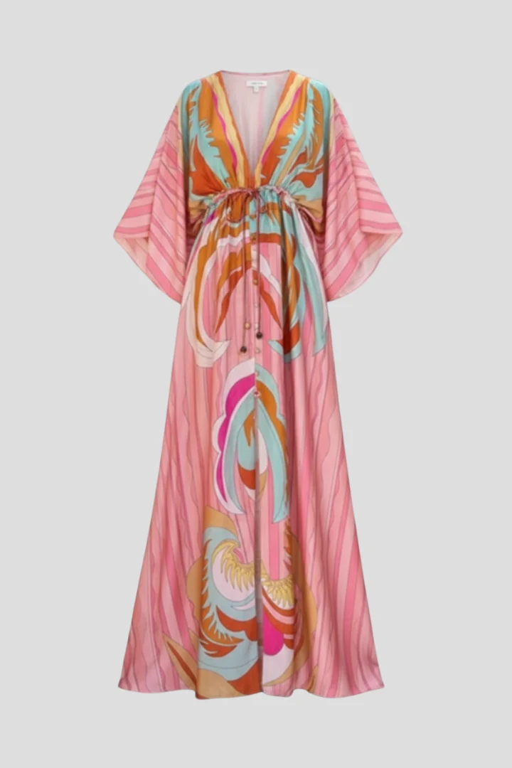 Damen Maxikleid mit V-Ausschnitt, weiten Ärmeln und Taillenband