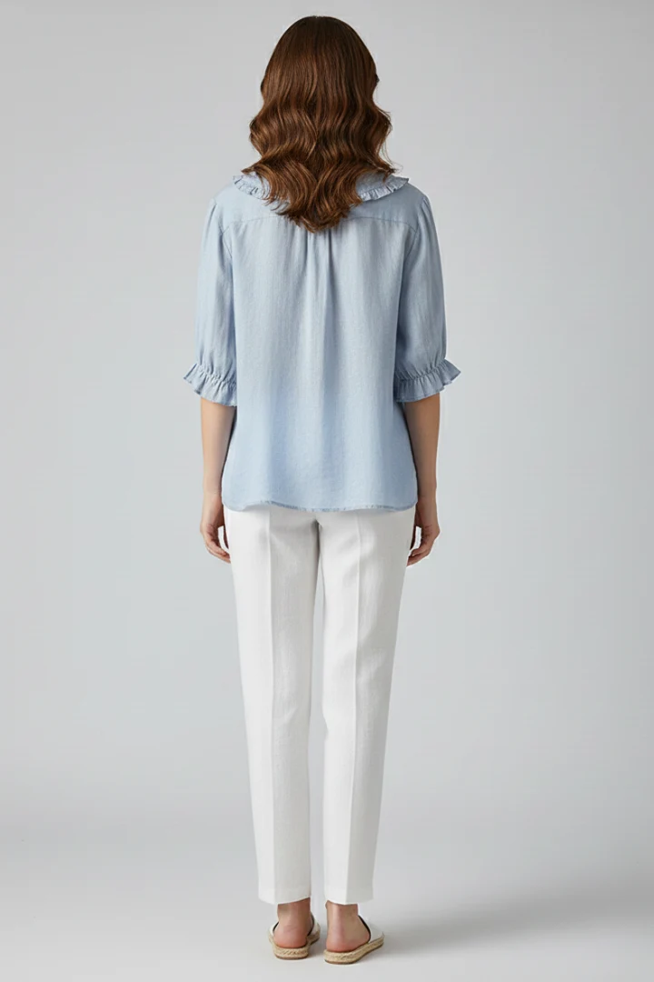 Damen Bluse mit Knopfleiste, Rundkragen und gerafften Ärmeln