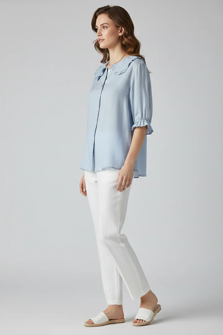 Damen Bluse mit Knopfleiste, Rundkragen und gerafften Ärmeln
