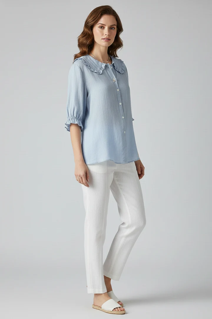 Damen Bluse mit Knopfleiste, Rundkragen und gerafften Ärmeln