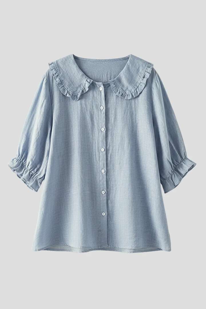 Damen Bluse mit Knopfleiste, Rundkragen und gerafften Ärmeln