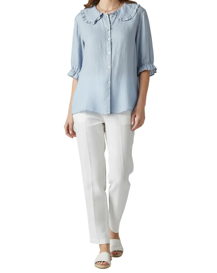 Damen Bluse mit Knopfleiste, Rundkragen und gerafften Ärmeln
