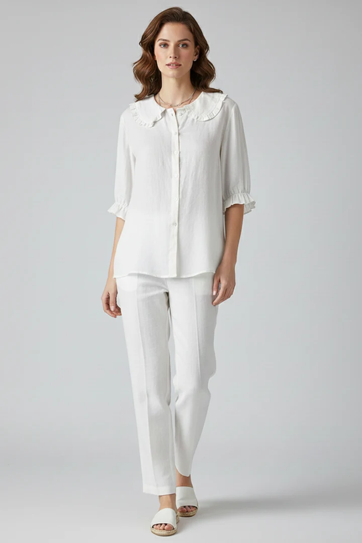 Damen Bluse mit Knopfleiste, Rundkragen und gerafften Ärmeln