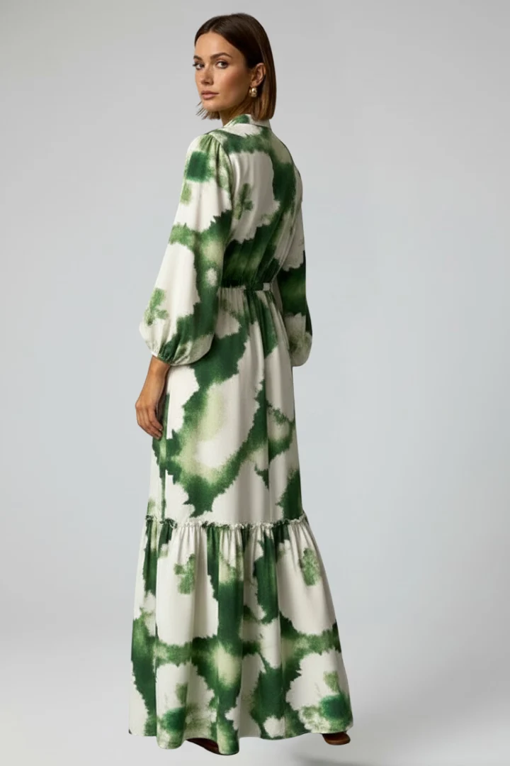 Damen Maxikleid mit V-Ausschnitt, langen Ärmeln und Taillenbindung