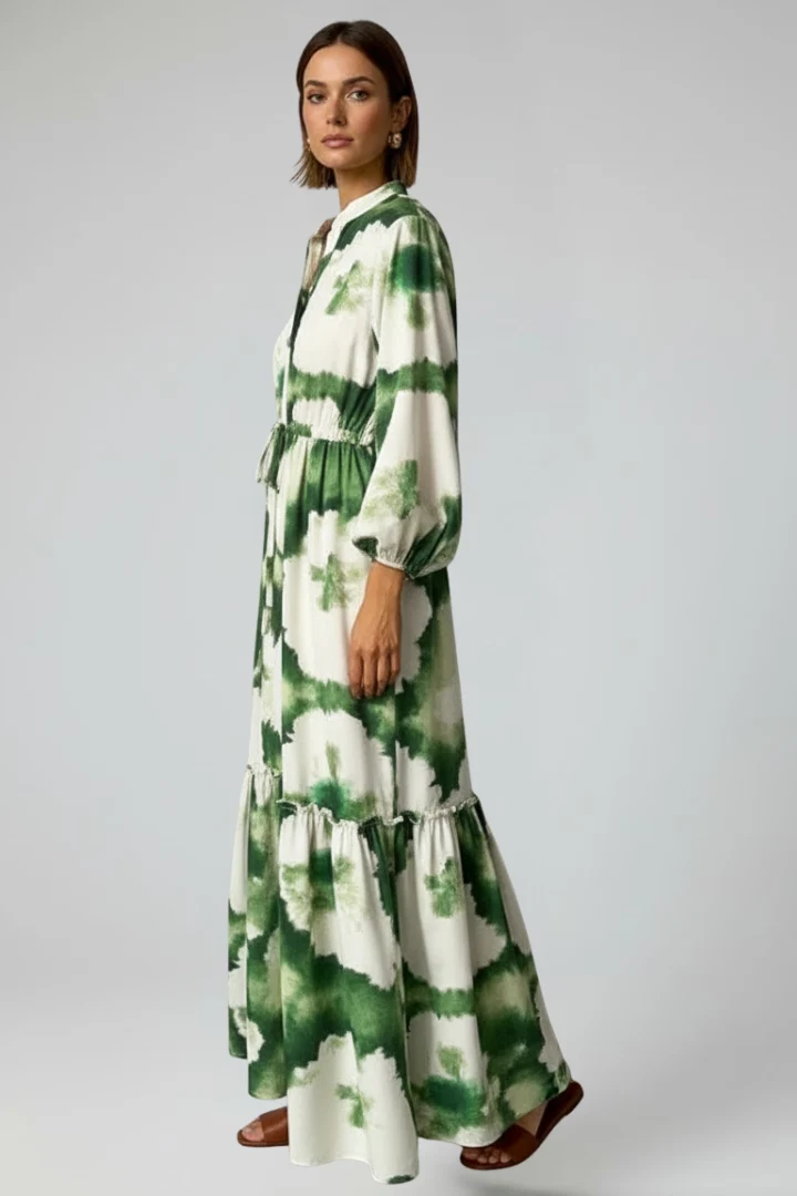 Damen Maxikleid mit V-Ausschnitt, langen Ärmeln und Taillenbindung