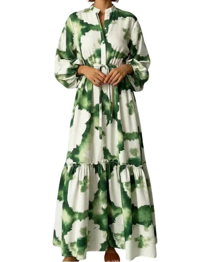 Damen Maxikleid mit V-Ausschnitt, langen Ärmeln und Taillenbindung