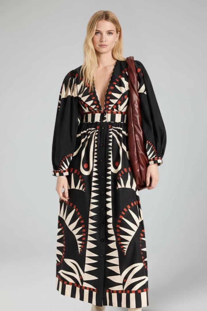 Damen Maxikleid mit V-Ausschnitt, langen Ärmeln und Taillenbindung