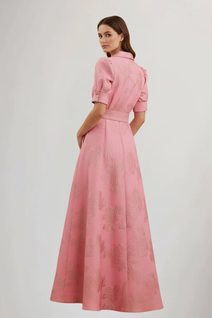 Damen Maxikleid mit Knopfleiste, kurzen Ärmeln und Taillengürtel