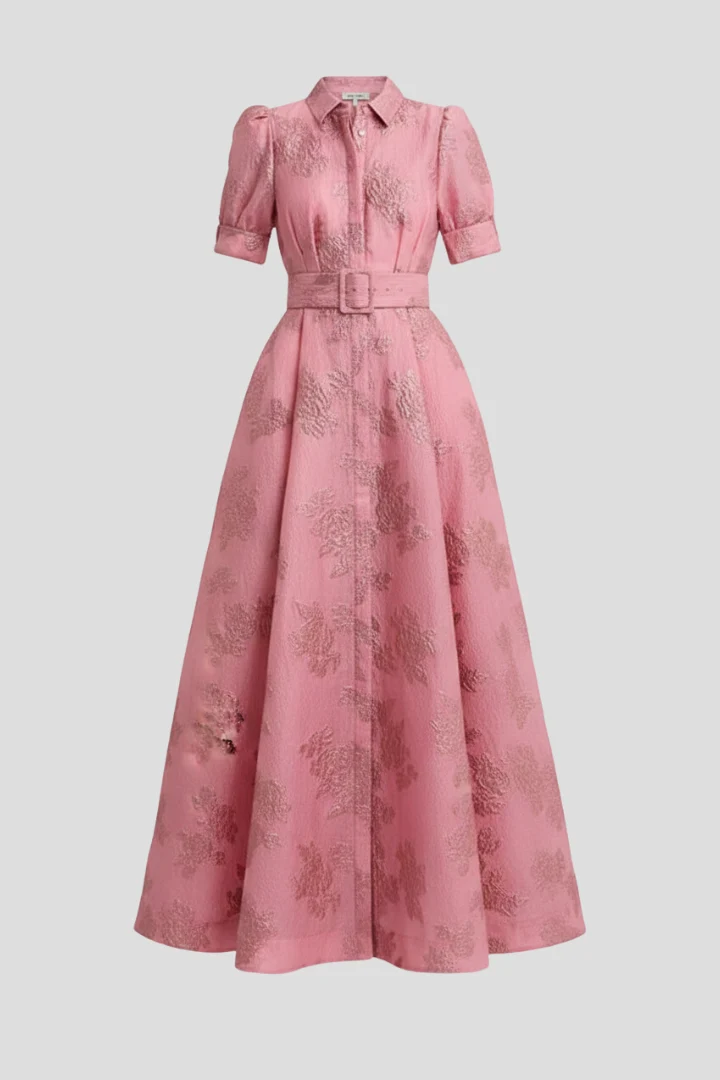Damen Maxikleid mit Knopfleiste, kurzen Ärmeln und Taillengürtel