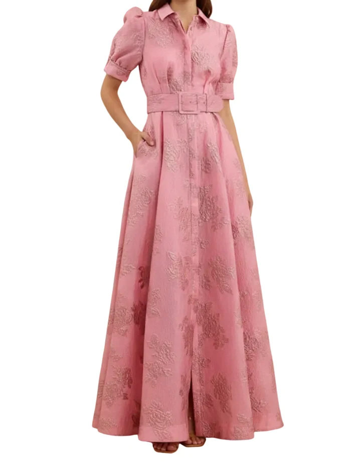 Damen Maxikleid mit Knopfleiste, kurzen Ärmeln und Taillengürtel